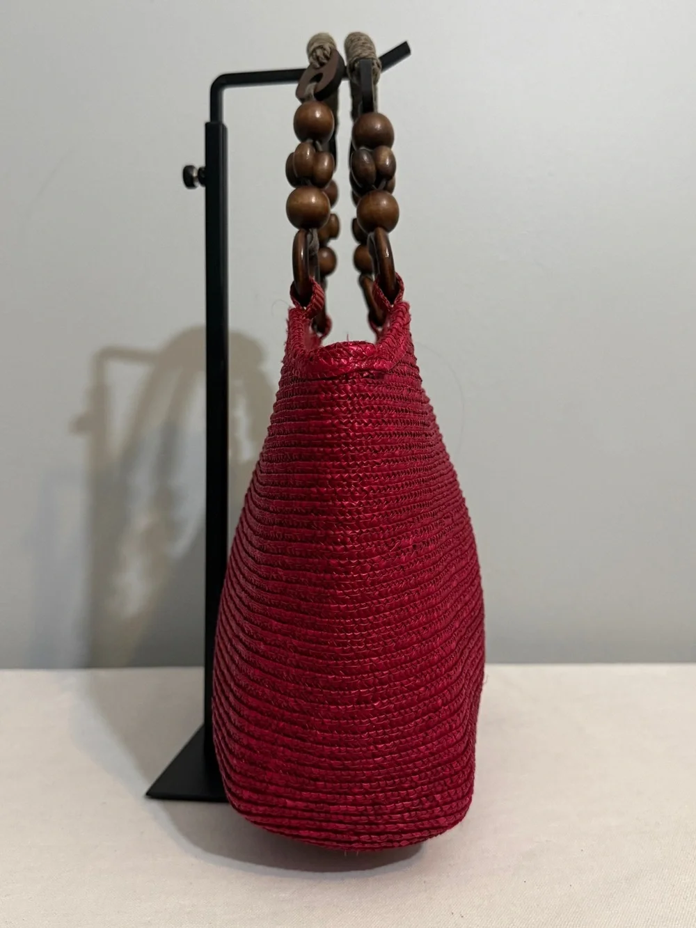 Vintage Red Woven Rattan Tote Bag Wood Beaded Handle Top Handle Boho Retro Purse